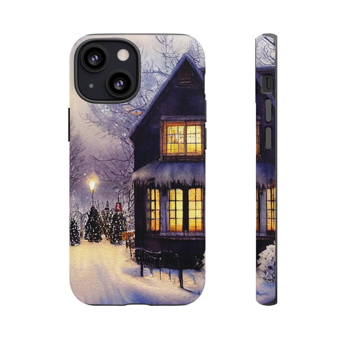 Glowing Homes in the Snow with Christmas Decorations - Impact Resistant Phone Case iPhone 13 Mini Matte